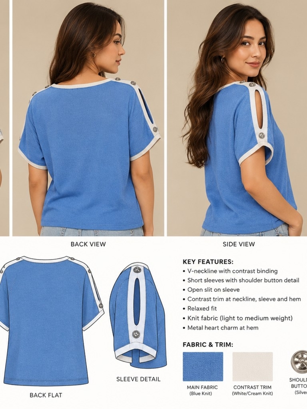 Oly Studios Blue Short Sleeve Knit Top with Cream Contrast Trim